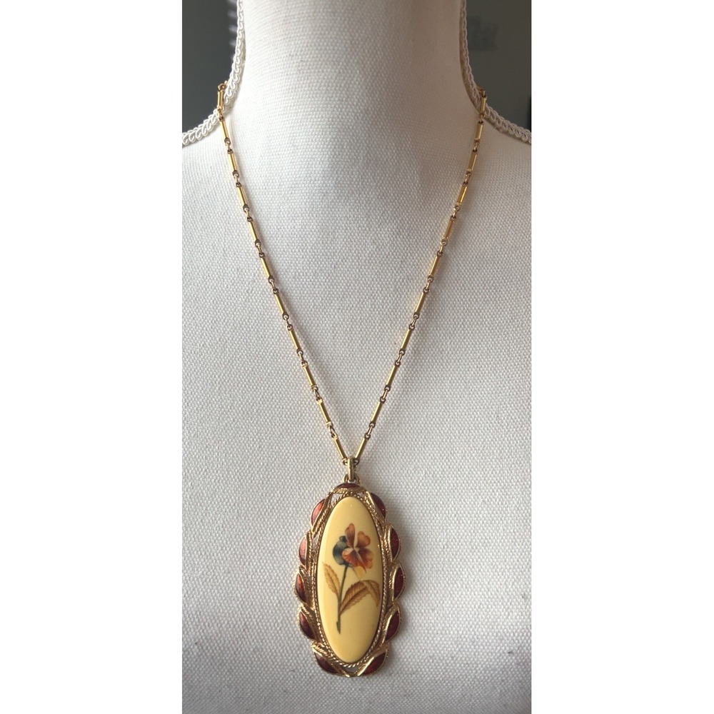Vintage signed FLORENZA Large Flower & Enamel PENDANT NECKLACE